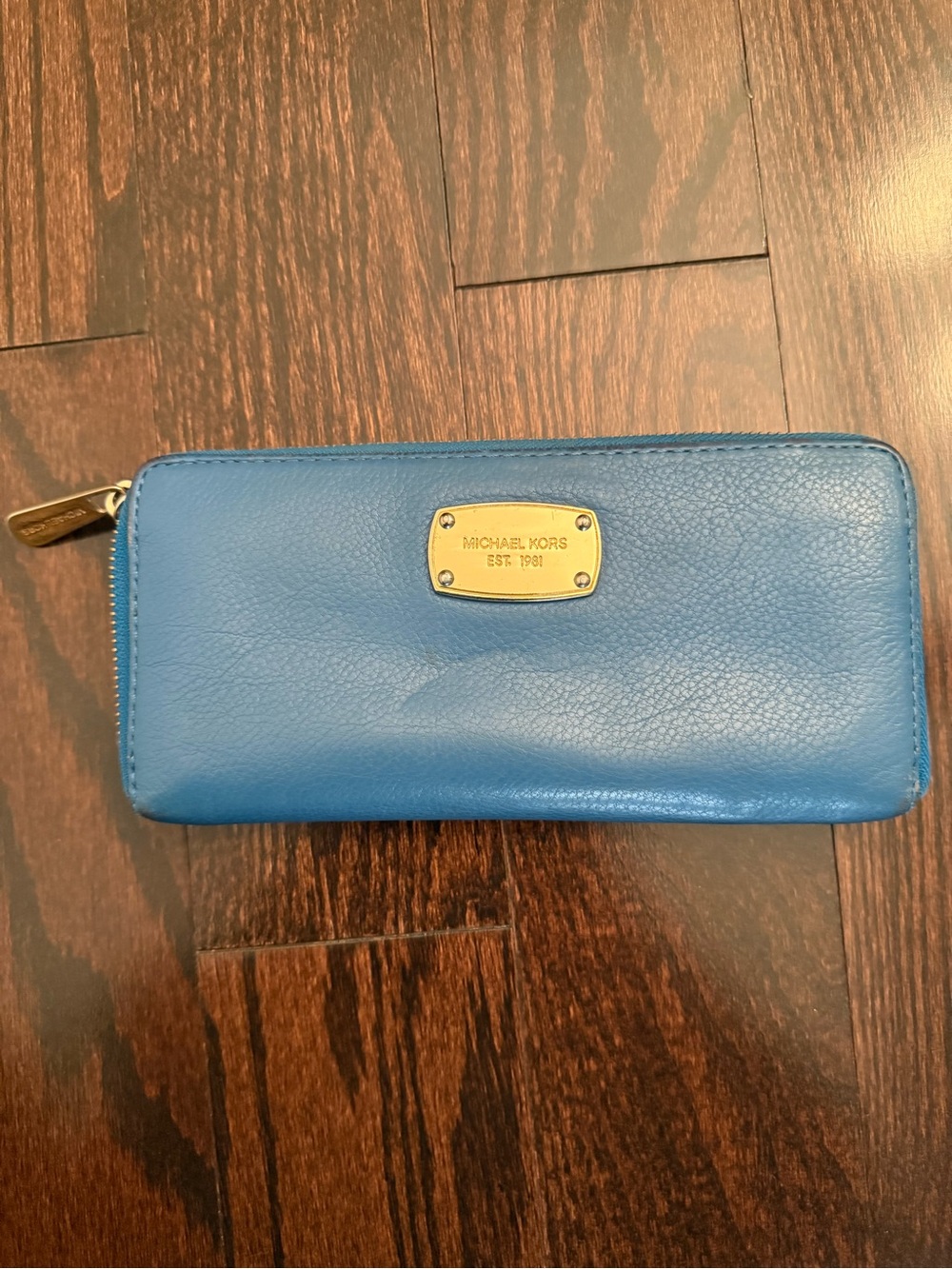 Michael Kors Bright Blue Leather Zip-Around Wallet with Gold Plaque